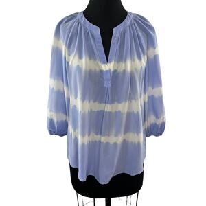 JOIE Blue White Tie-Dye Stripe Silk Popover 3/4 Sleeve Tunic Top Blouse V-Neck S